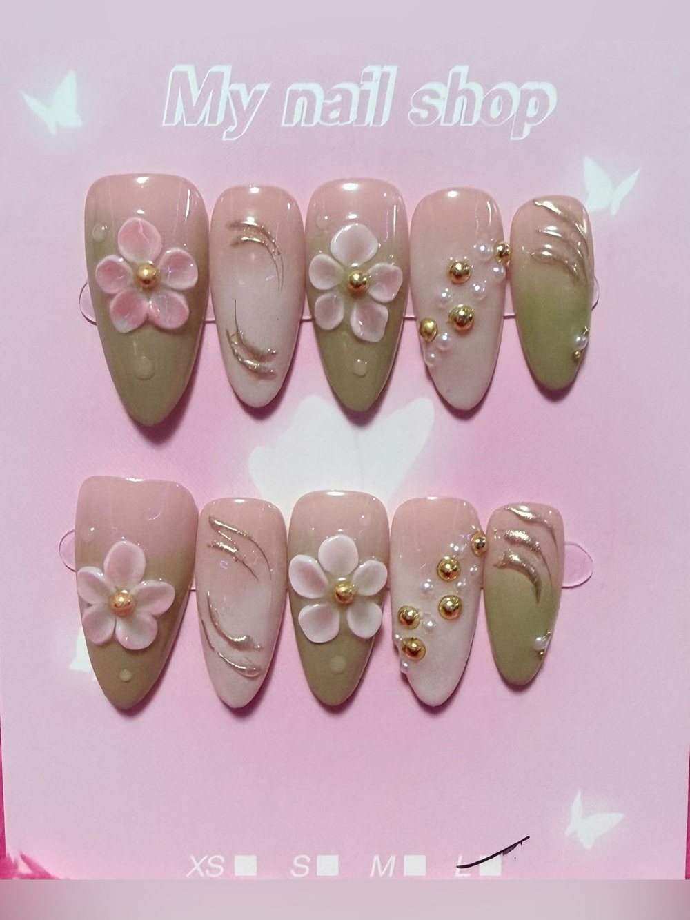 Floral Pink & Olive Press-On Nail Set by